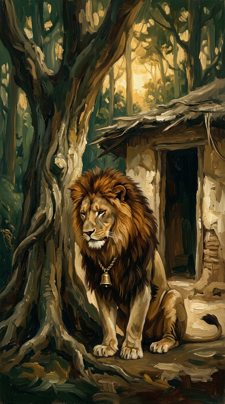 Pintura a óleo de um majestoso leão africano sentado em calma humildade com um pequeno sino de bronze preso ao pescoço, junto a uma antiga morada sob a luz dourada do entardecer