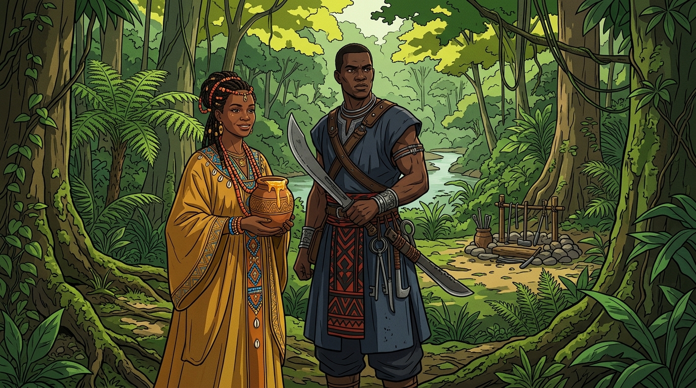 Ilustração de Oxum com um recipiente de mel e Ogum com seu facão, junto ao rio na floresta
