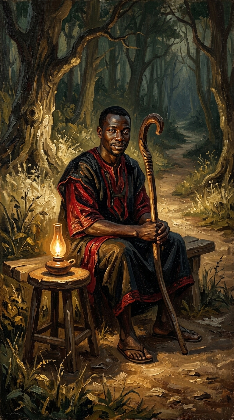 Pintura a óleo de Exu Elegbá de vestes em preto e vermelho sentado em uma encruzilhada de terra sob luz quente de lamparina ao anoitecer