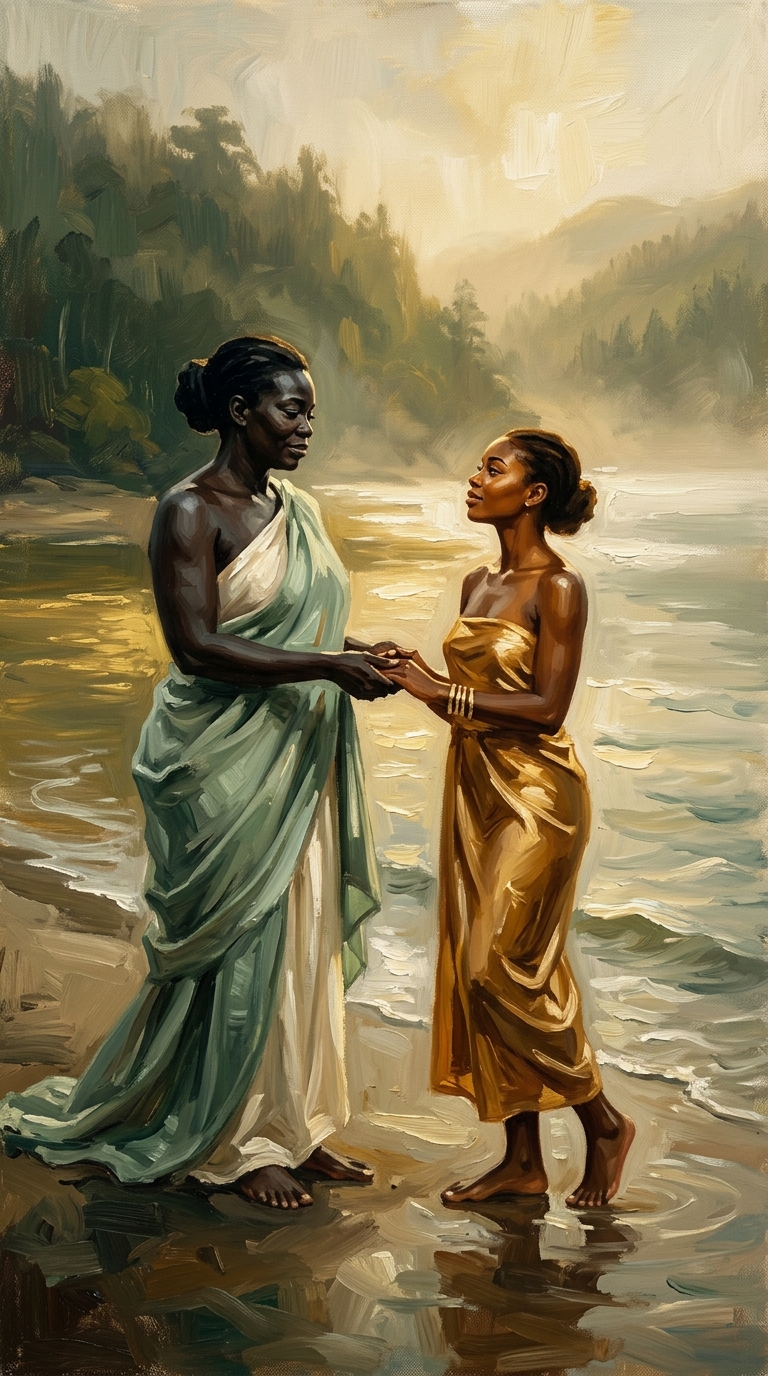 Pintura a óleo de Iemanjá em vestes de verde-água e Oxum em manto dourado em um pátio tradicional sob a luz suave da manhã
