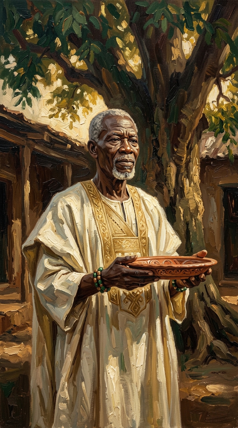 Pintura a óleo de Orunmilá com vestes de linho claro apresentando com solenidade uma travessa tradicional em um pátio sob árvores ancestrais
