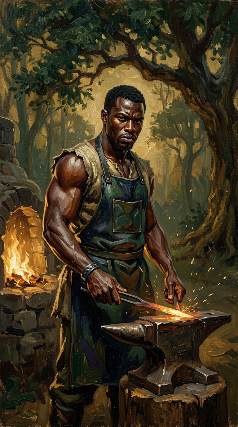 Pintura a óleo de Ogum guerreiro e ferreiro em sua forja tradicional na floresta, forjando o ferro sobre a bigorna sob faíscas e luz dourada