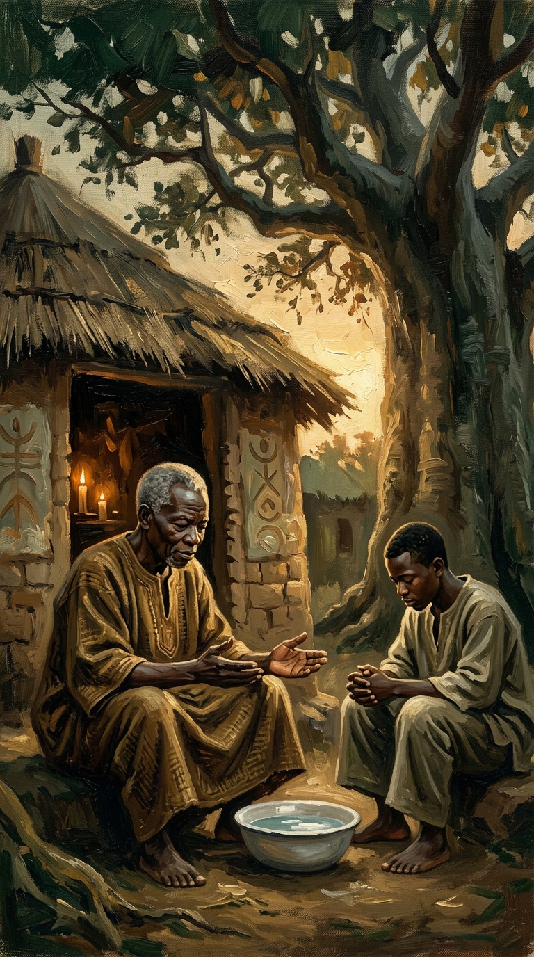Pintura a óleo de um sacerdote ancião em trajes tradicionais preparando uma jícara com oferendas rituais diante do portal de uma casa de taipa ao anoitecer