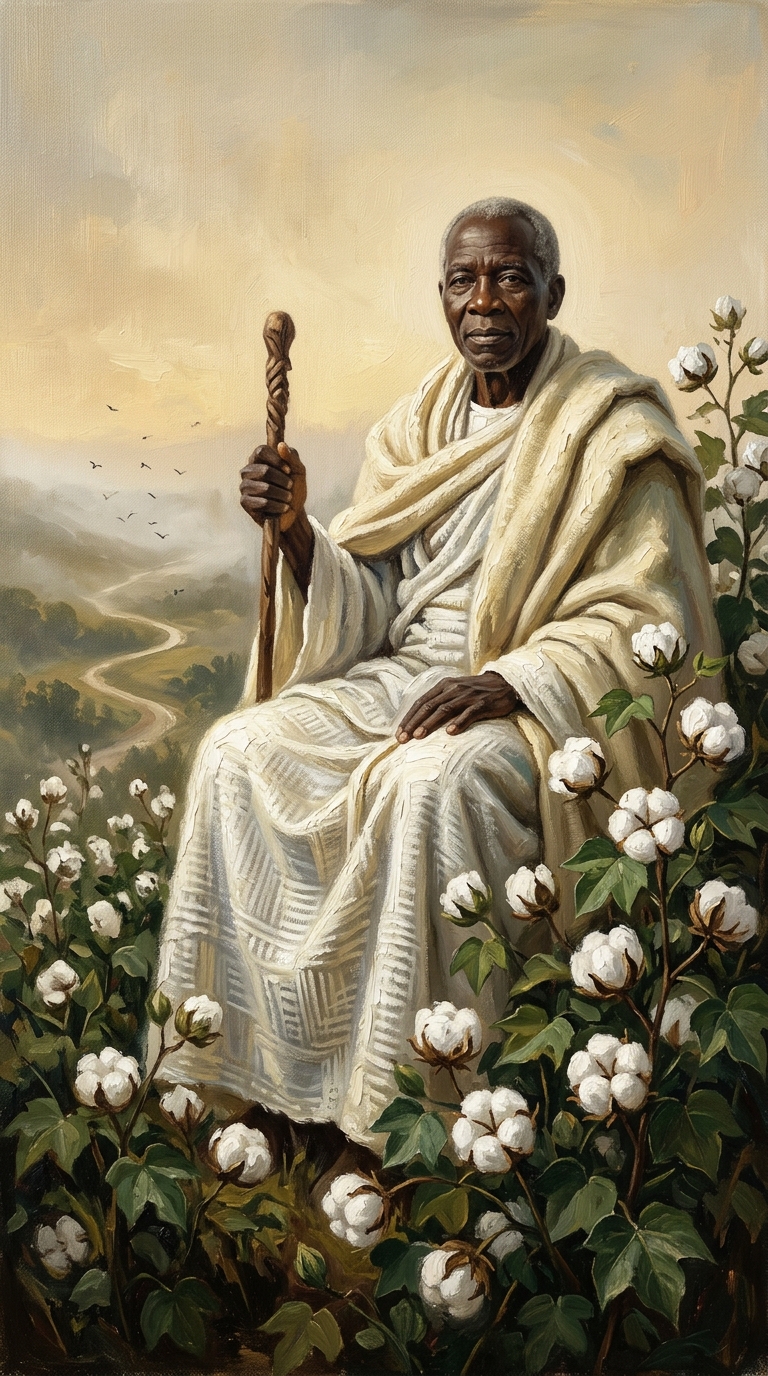 Pintura a óleo de Oxalá idoso e sereno sentado em um monte sagrado rodeado de algodoeiros floridos sob suave névoa dourada