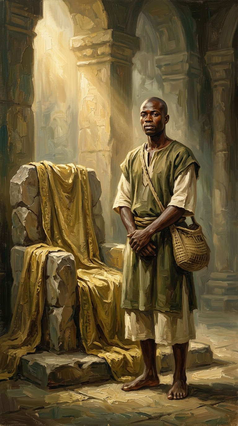 Pintura a óleo de Oshe Meji jovem e sereno, com túnica rústica de linho e saco de viagem, de pé diante de um trono ancestral de pedra sob facho de luz matinal