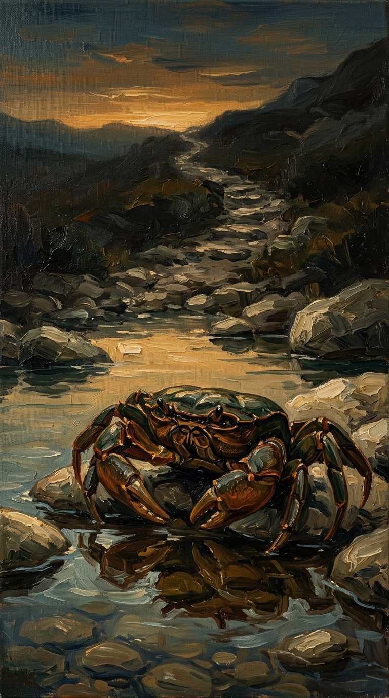 Pintura a óleo de um caranguejo de carapaça bronzeada pousado sobre pedras à beira de um riacho sereno sob a luz dourada do crepúsculo